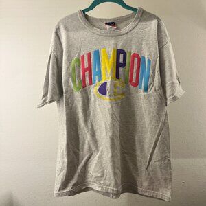 Champion Gray Rainbow Logo Tee – Men's Medium – Colorful Streetwear Shirt